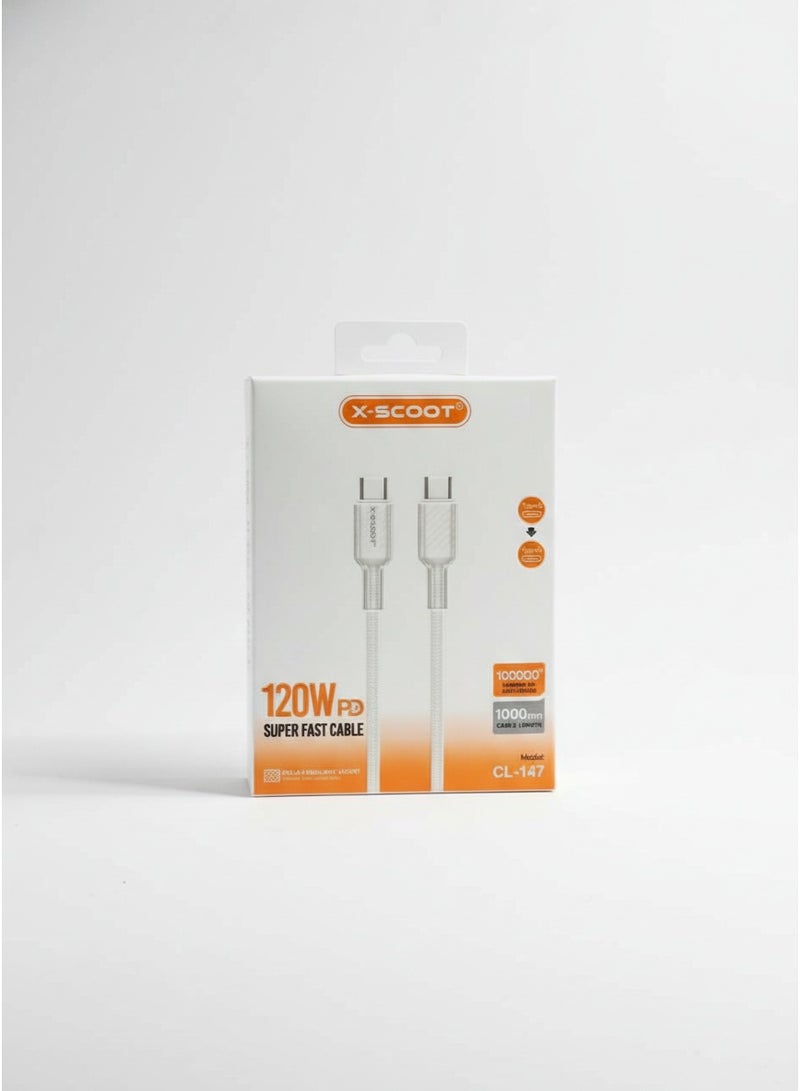 X-SCOOT CL‑147 PD Super Fast Charging & Data Cable USB-C to USB-C , 120W for Smartphones, Tablets, Power Banks, High Speed Data Transfer, Durable Kefla's Braided 1m Cable, Anti-Swing , Tangle Free, Daily Use - White - Image 2